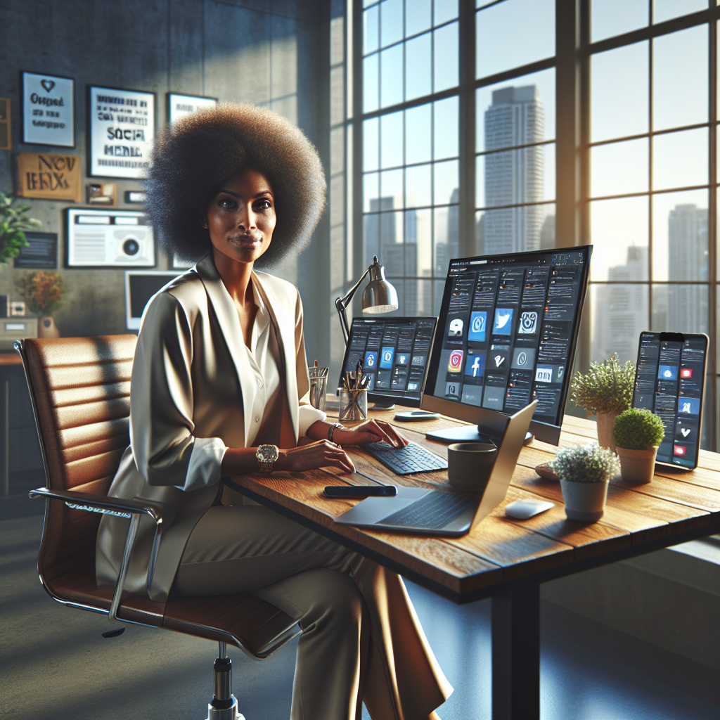 A social media manager in a modern office environment handling multiple devices.