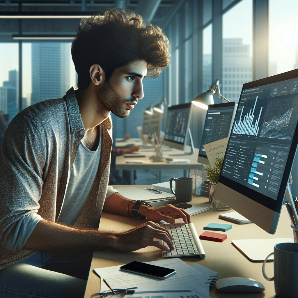 A social media manager working in an office with a city view.