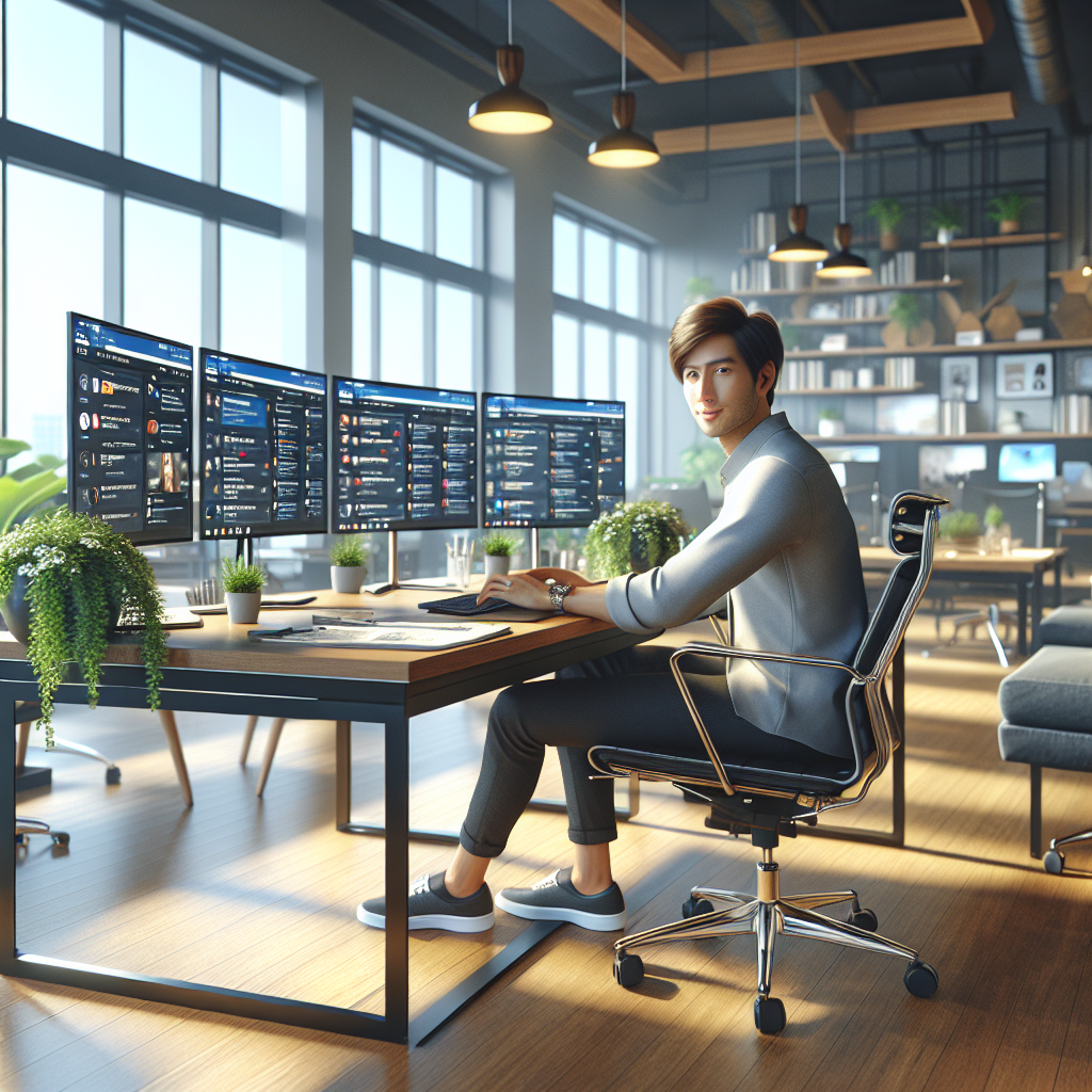 A social media manager working in a modern office with multiple monitors.