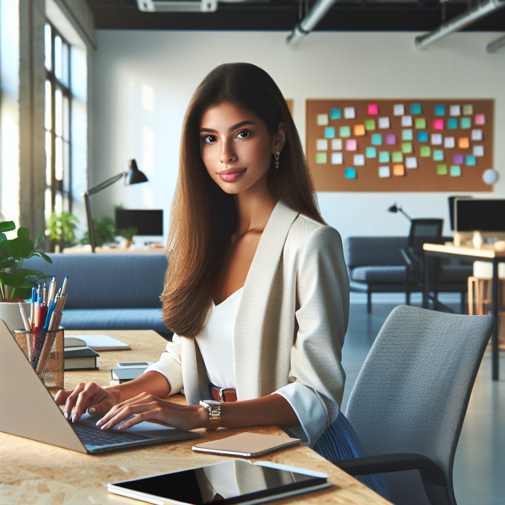Young social media manager at a modern office desk engaged with digital devices.