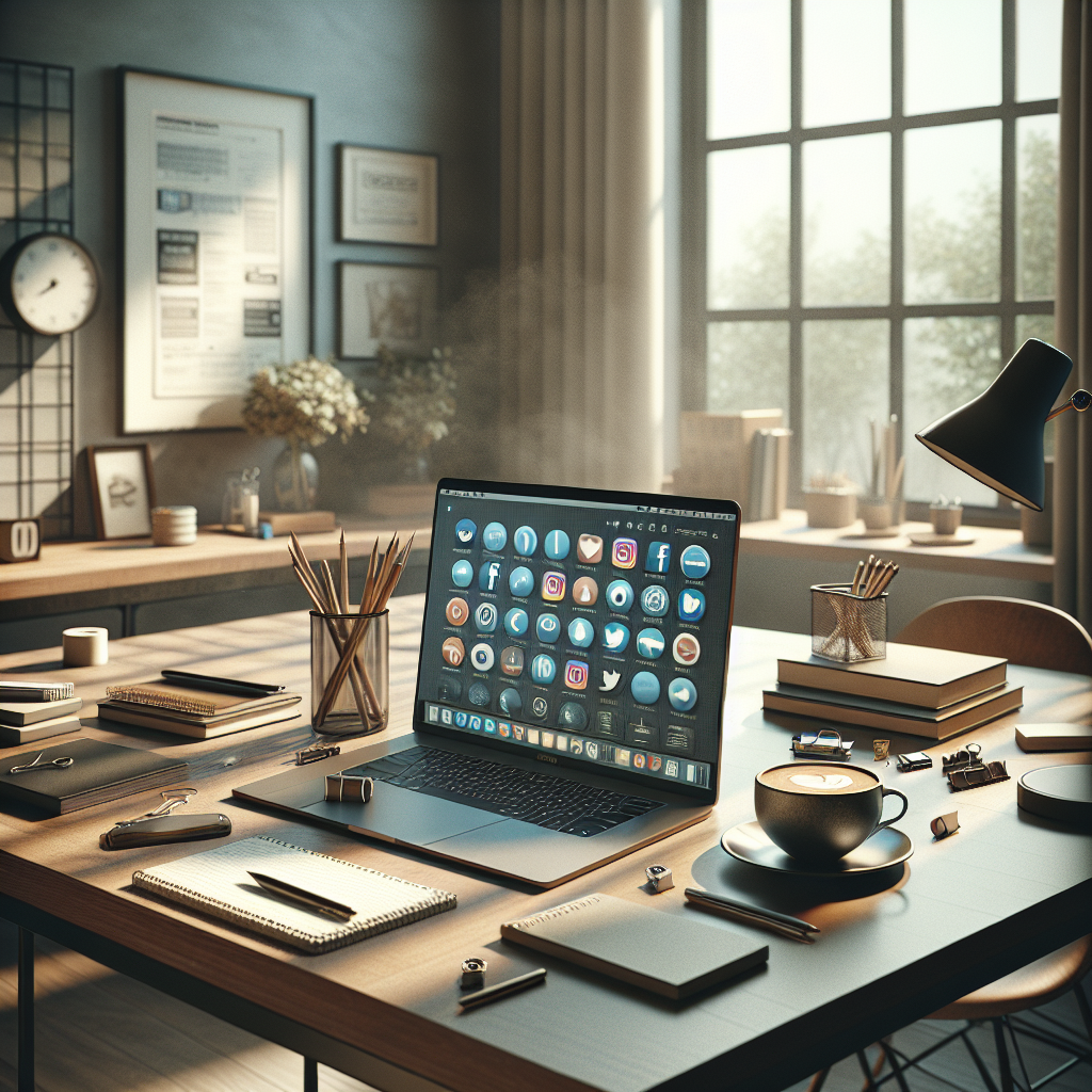 Workspace with a computer showing social media icons, clean desk with laptop and stationery, in a warm daylight setting.