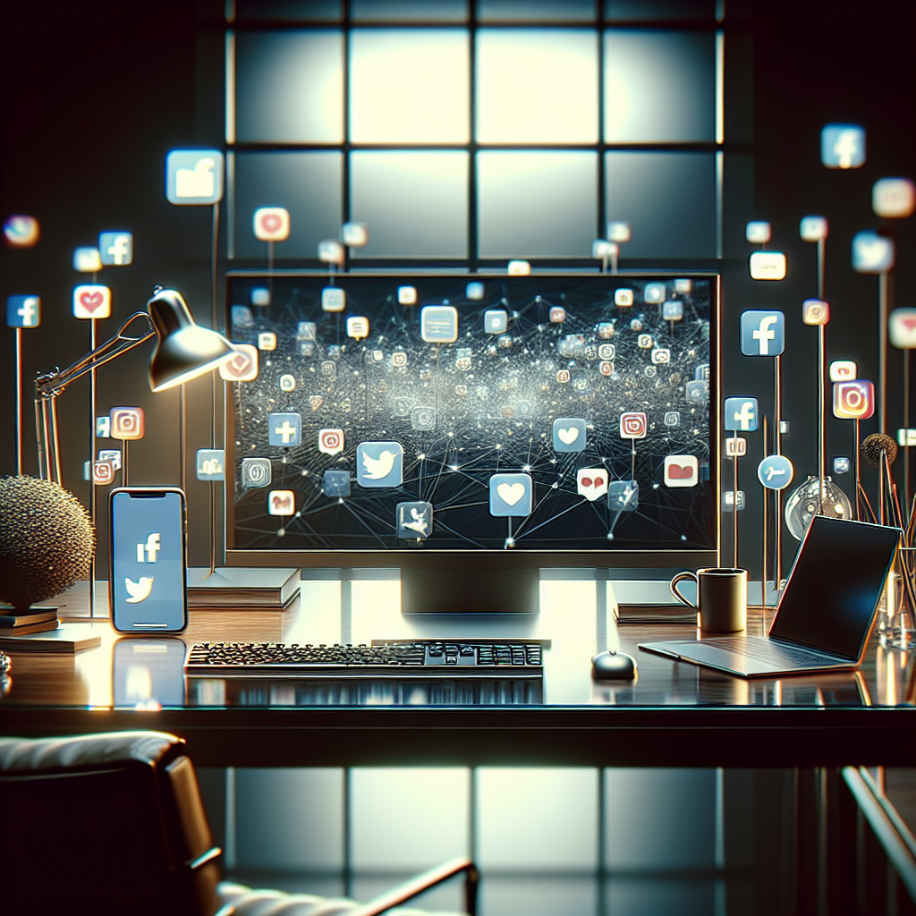 A digital workspace with a computer displaying social media icons, representing social media management.