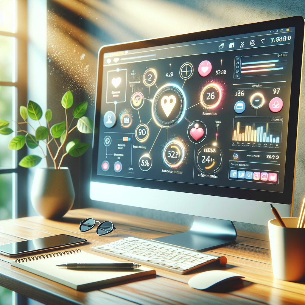 Modern workspace with a computer displaying social media platforms, emphasizing social media management tools.