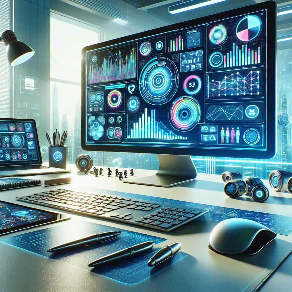 Futuristic office desk with a monitor showing a social media dashboard and colorful graphs.