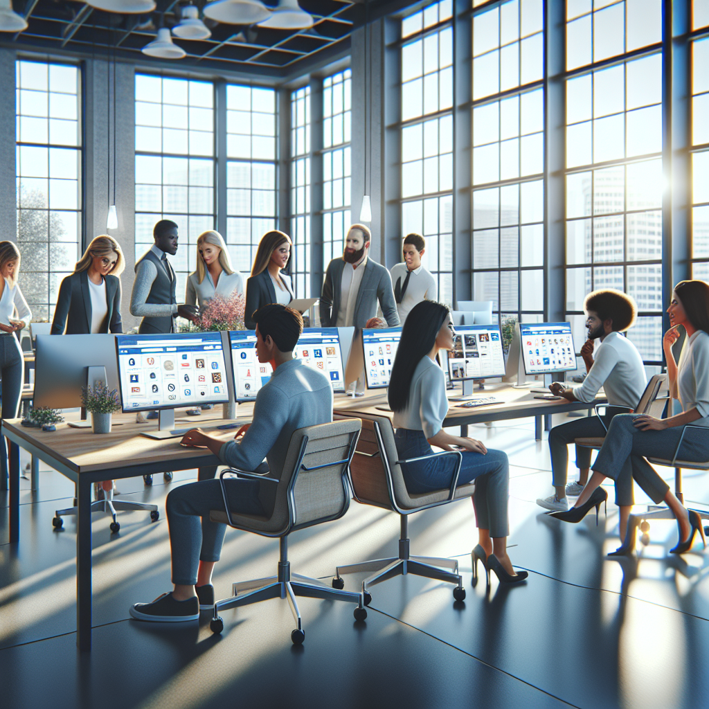 A group of diverse social media managers working together in a modern office space.