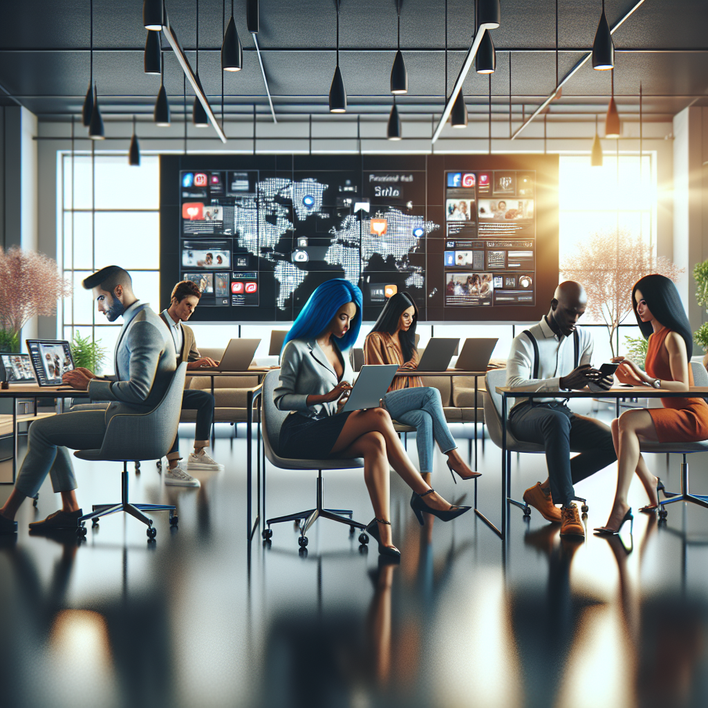 Diverse group of people managing social media in a modern office.