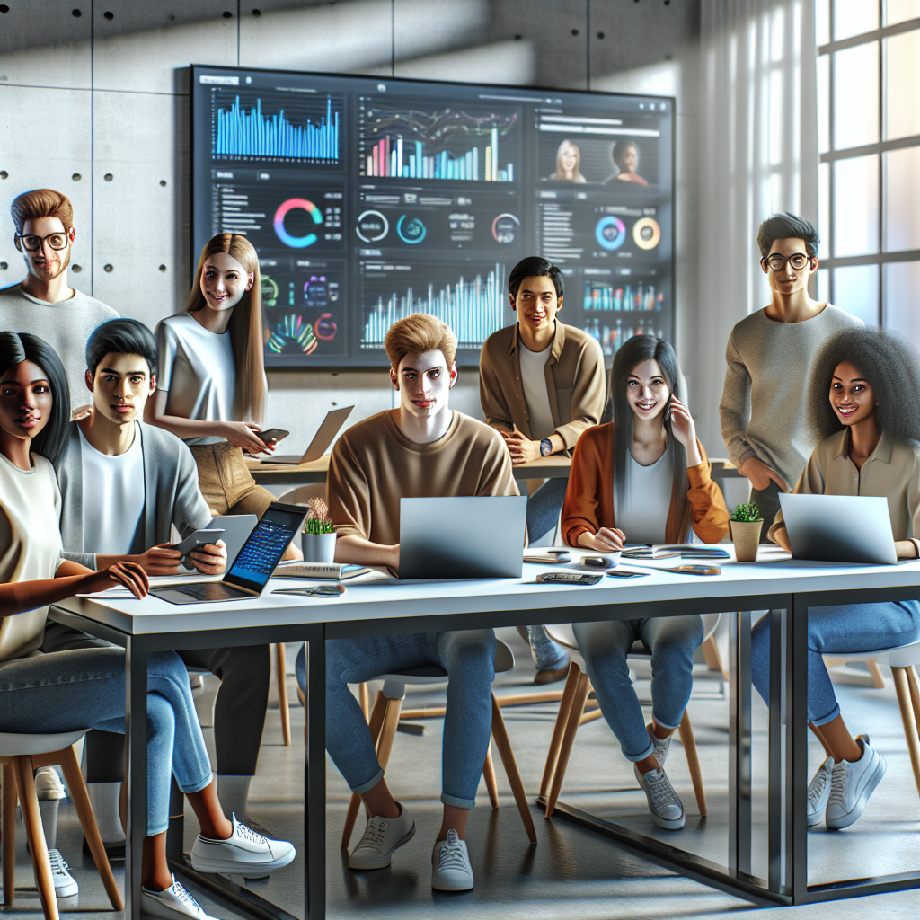 A diverse group of people collaborating on social media management at a modern workspace.
