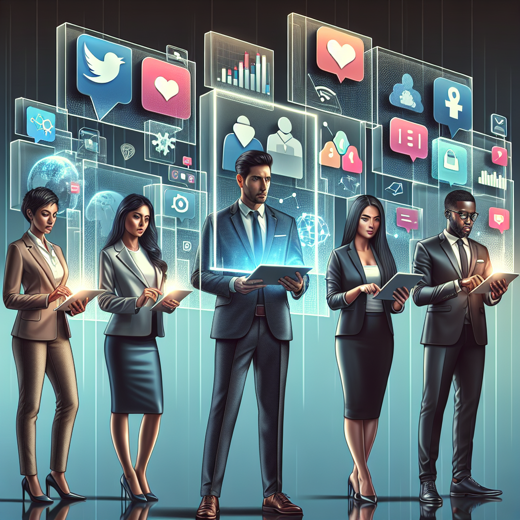 Business professionals interacting with social media platform icons symbolizing Social Media CRM.