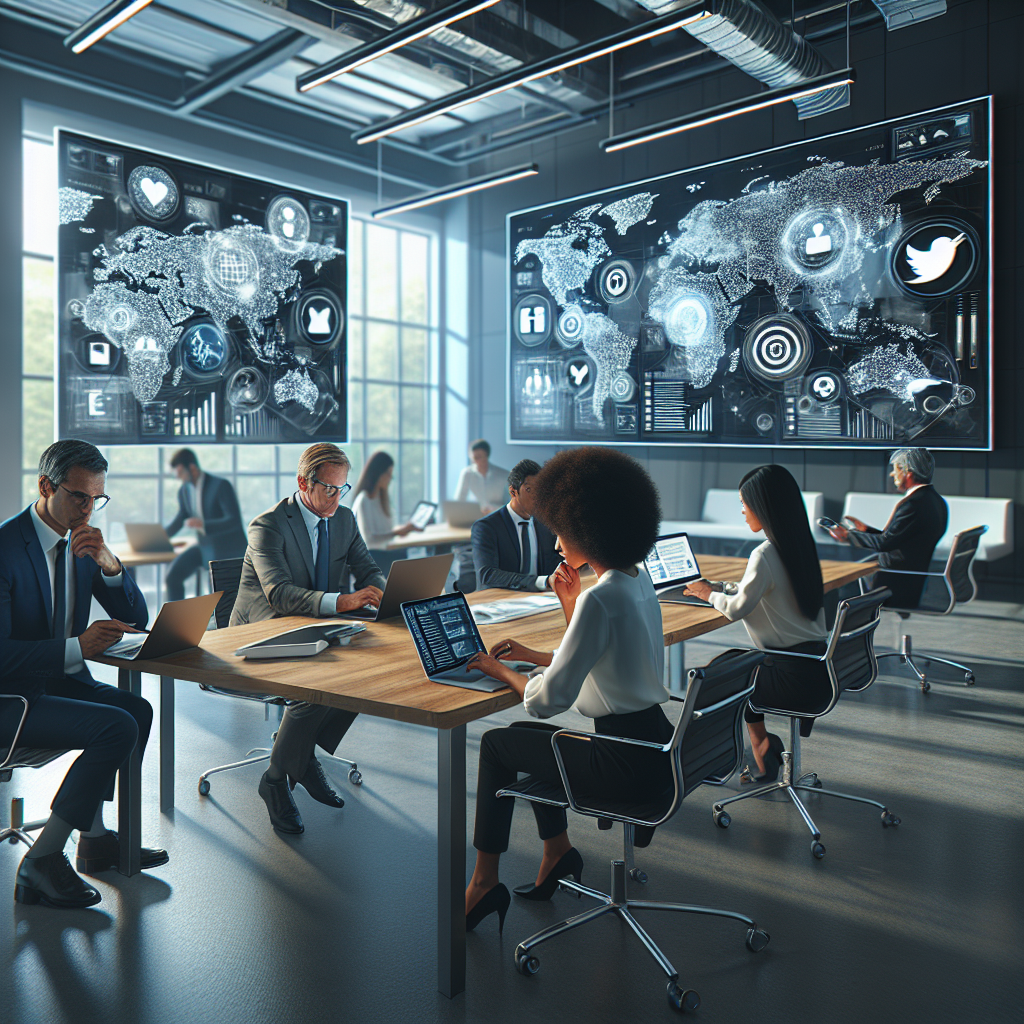 A realistic scene of a business meeting with diverse professionals discussing social media CRM.