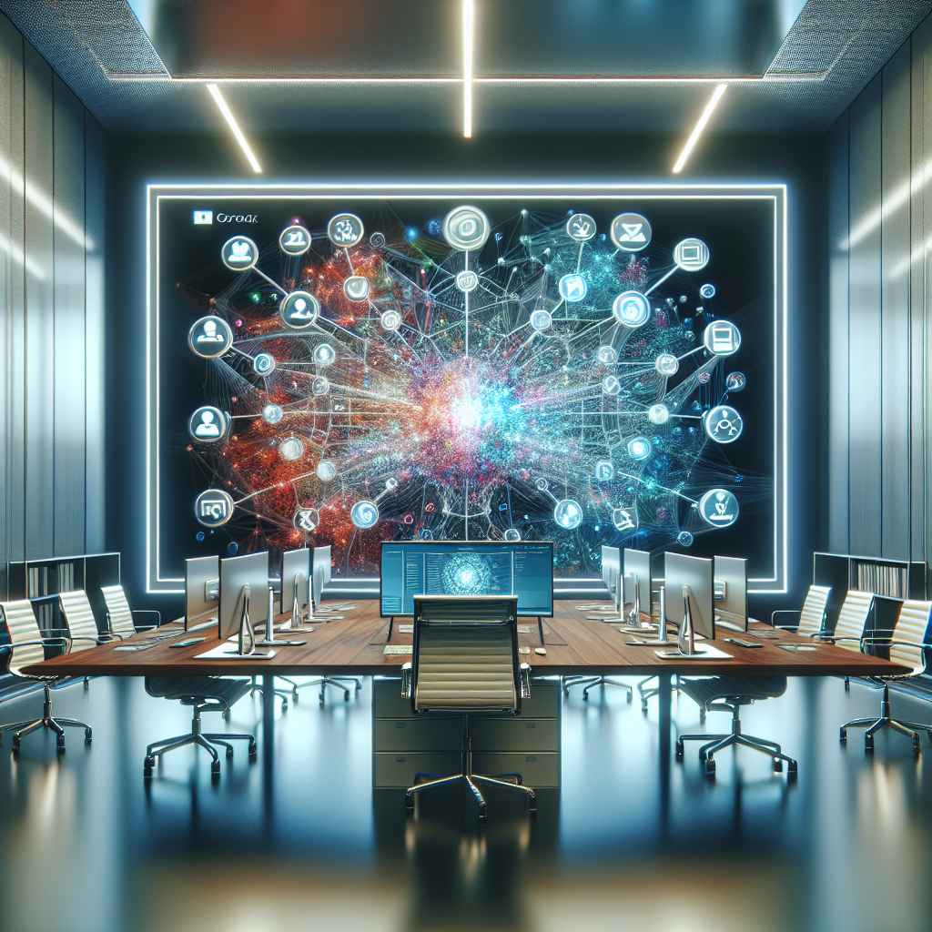 Modern office scene depicting social media CRM integration with social media icons and CRM visualization.