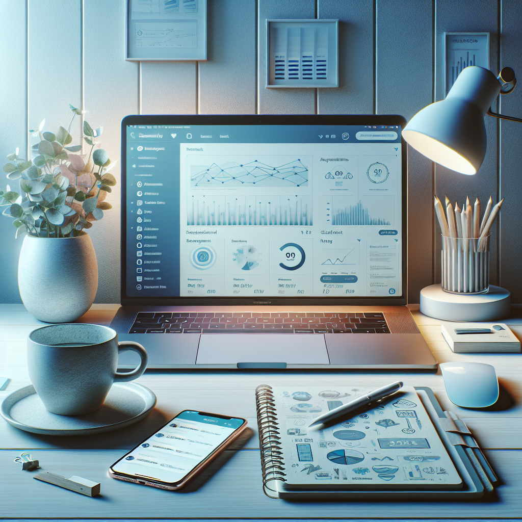 A modern office desk setup for a Social Media Manager with a laptop, smartphone, and creative tools.