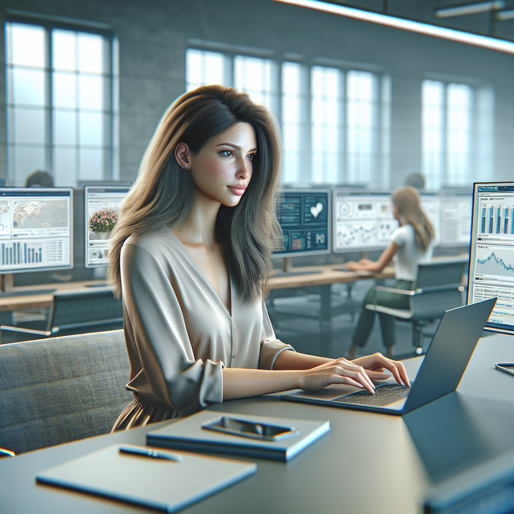 A realistic depiction of a Social Media Manager working in an office with multiple screens.