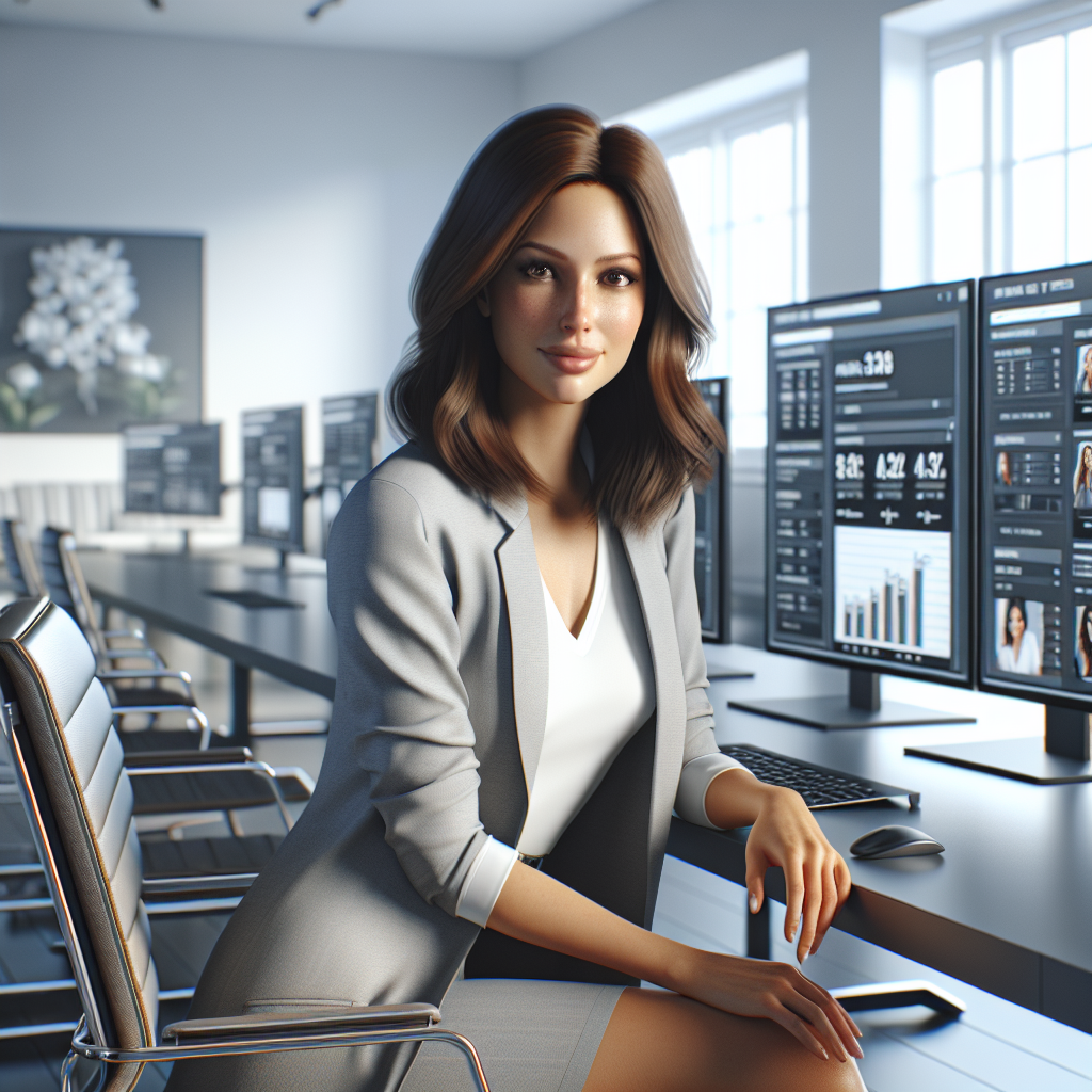A Social Media Manager working at a desk with multiple monitors in a modern office.