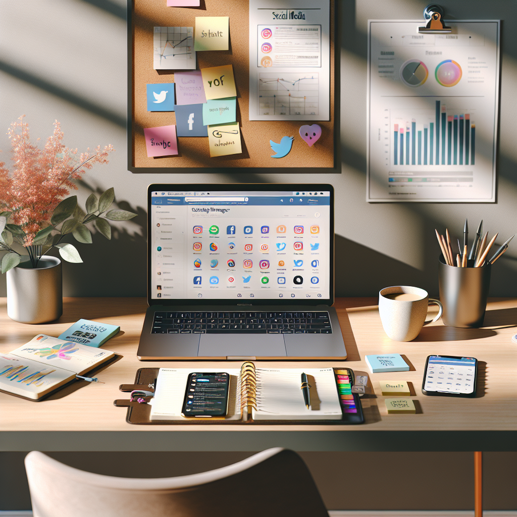 Social media manager's modern workspace with digital tools.