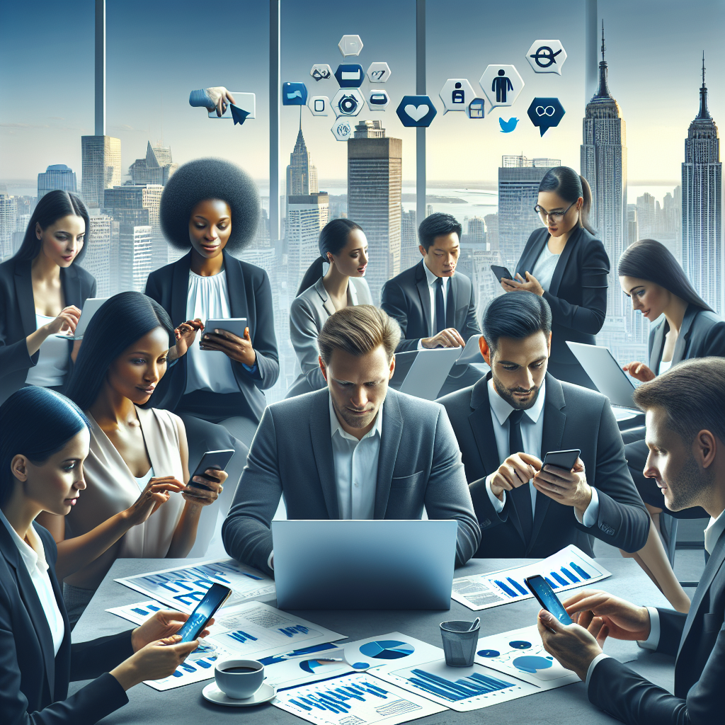 A realistic business scene in Wakefield depicting social media management with professionals and digital devices.