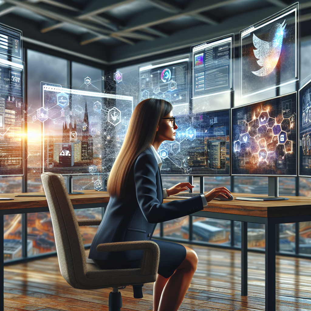 Businesswoman managing social media in a modern Wakefield office with multiple screens displaying platforms.