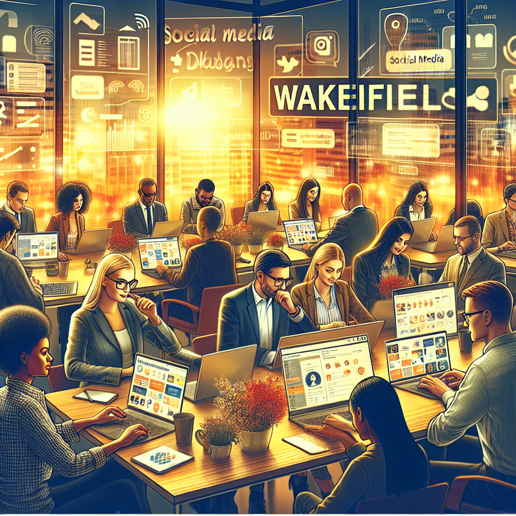 A realistic depiction of social media management in a business setting in Wakefield, with diverse professionals collaborating.