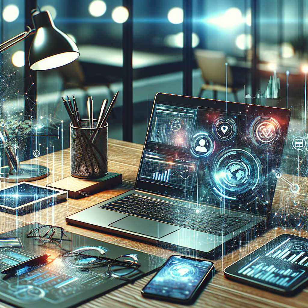 Office desk with digital devices showing social media management elements.