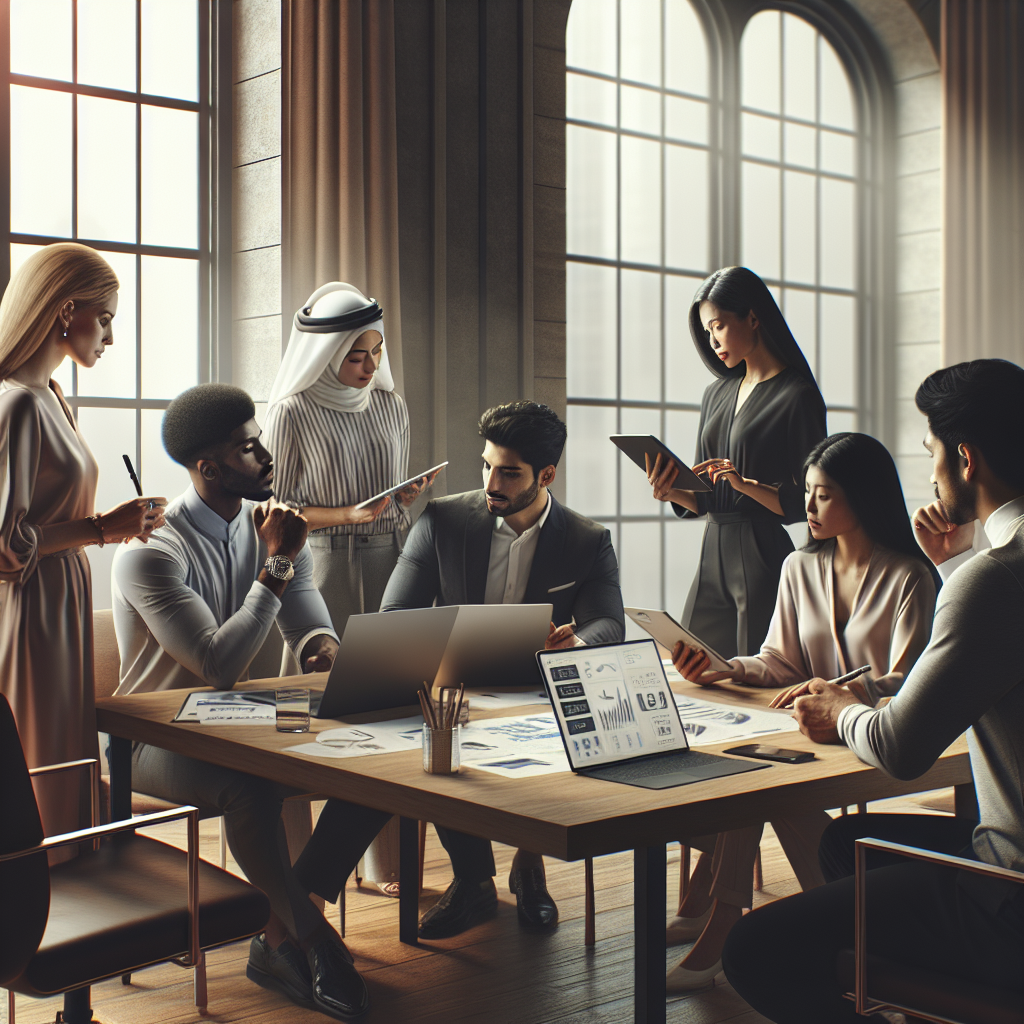 Diverse group collaborating in a modern office with technology around a table.