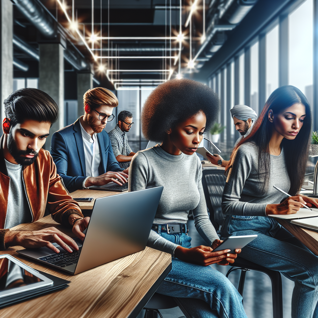 A diverse team of social media managers working in a modern office.