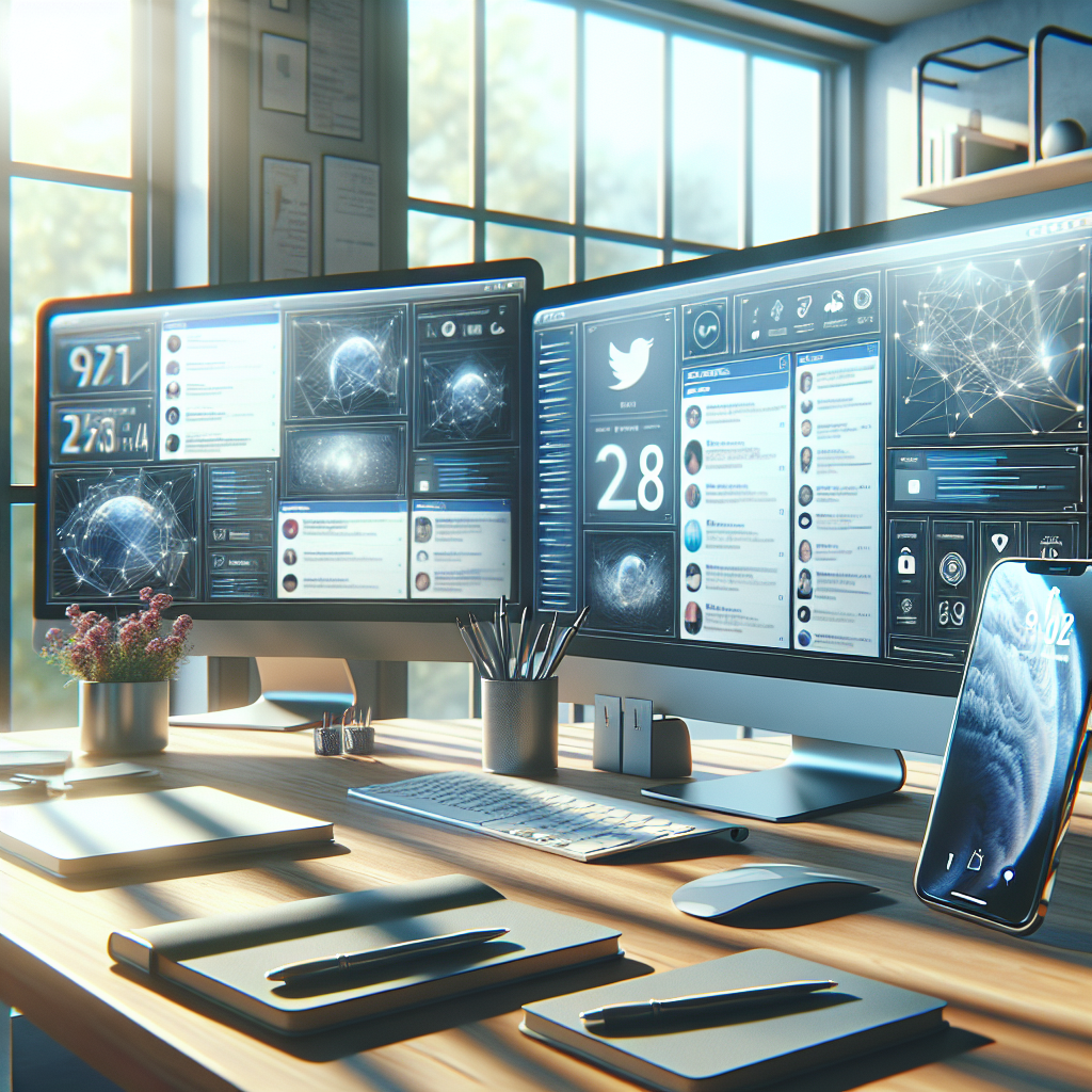 A social media manager's workspace with computers showing social media platforms.