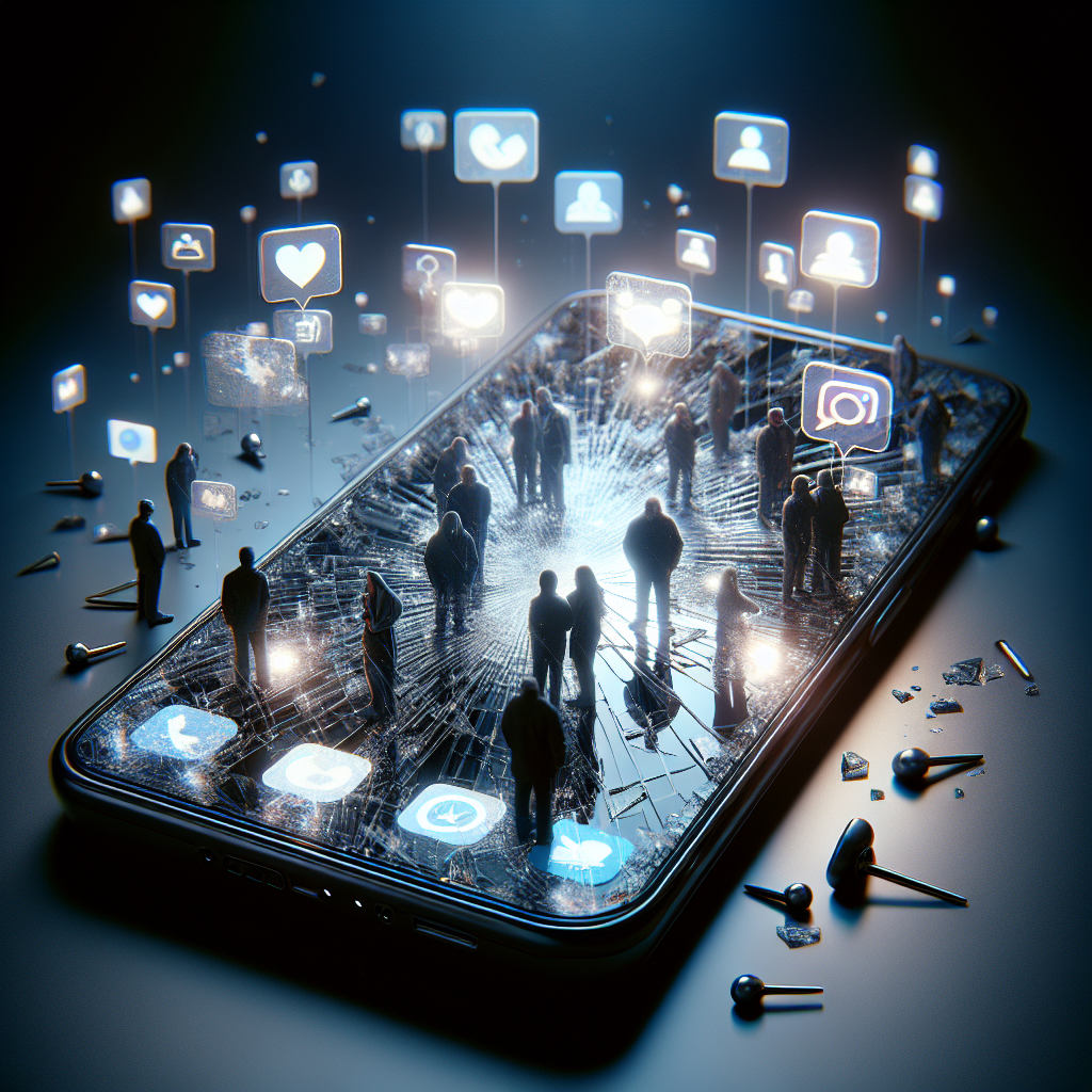 A realistic depiction of a smartphone with a cracked screen representing a social media crisis.