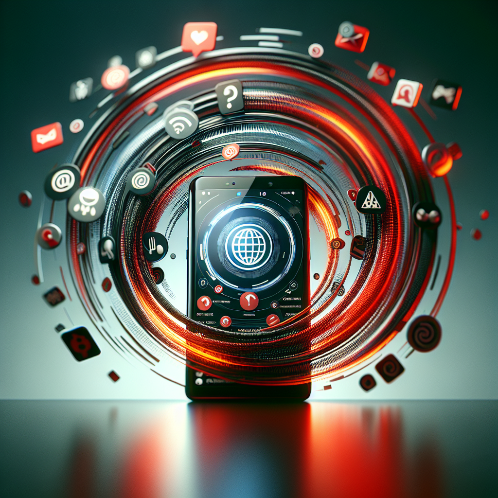 A smart device with crisis notification, surrounded by swirling social media icons.