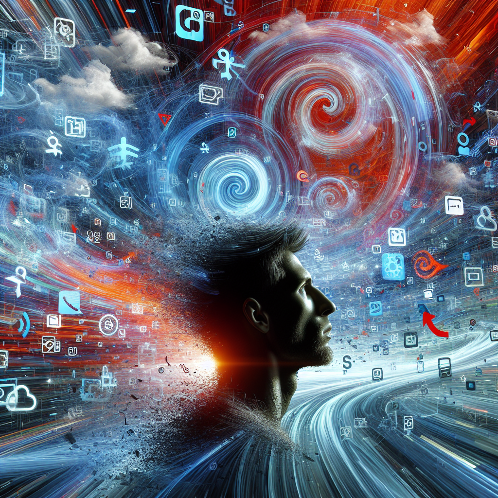 A conceptual image of a social media crisis with swirling icons and a concerned human silhouette.