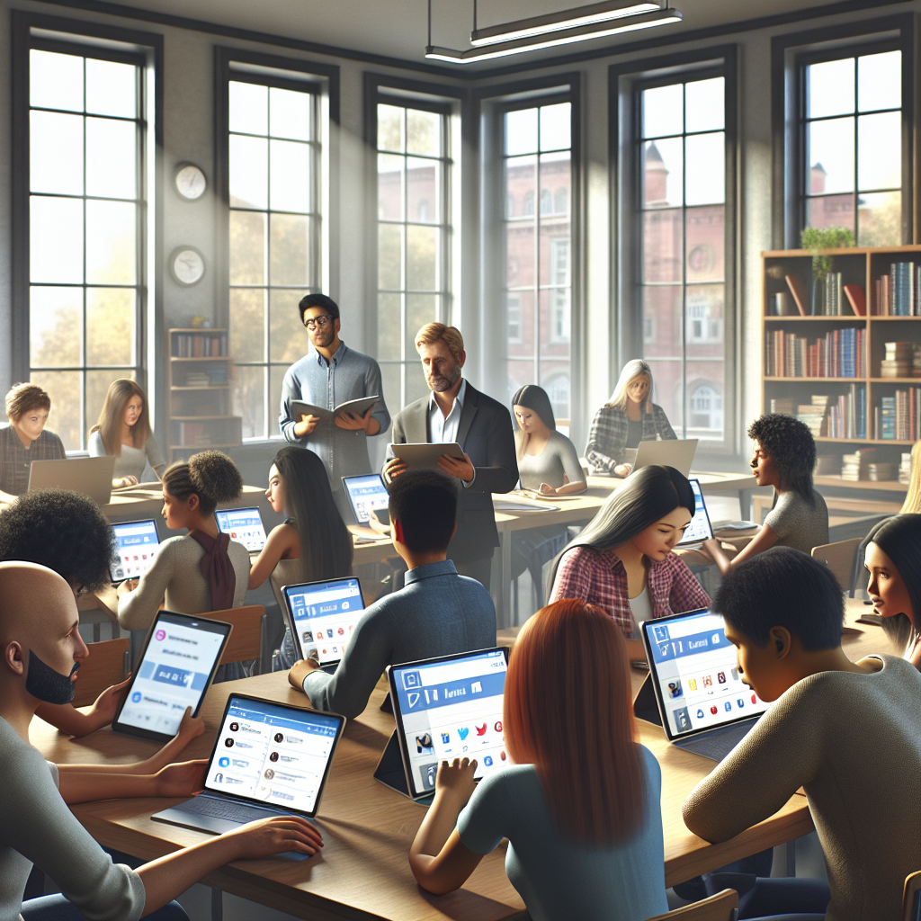 Students and teachers in a modern classroom using social media management tools.
