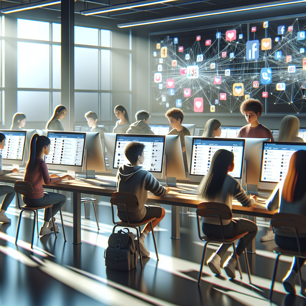 Students in a modern school computer lab using social media management tools.