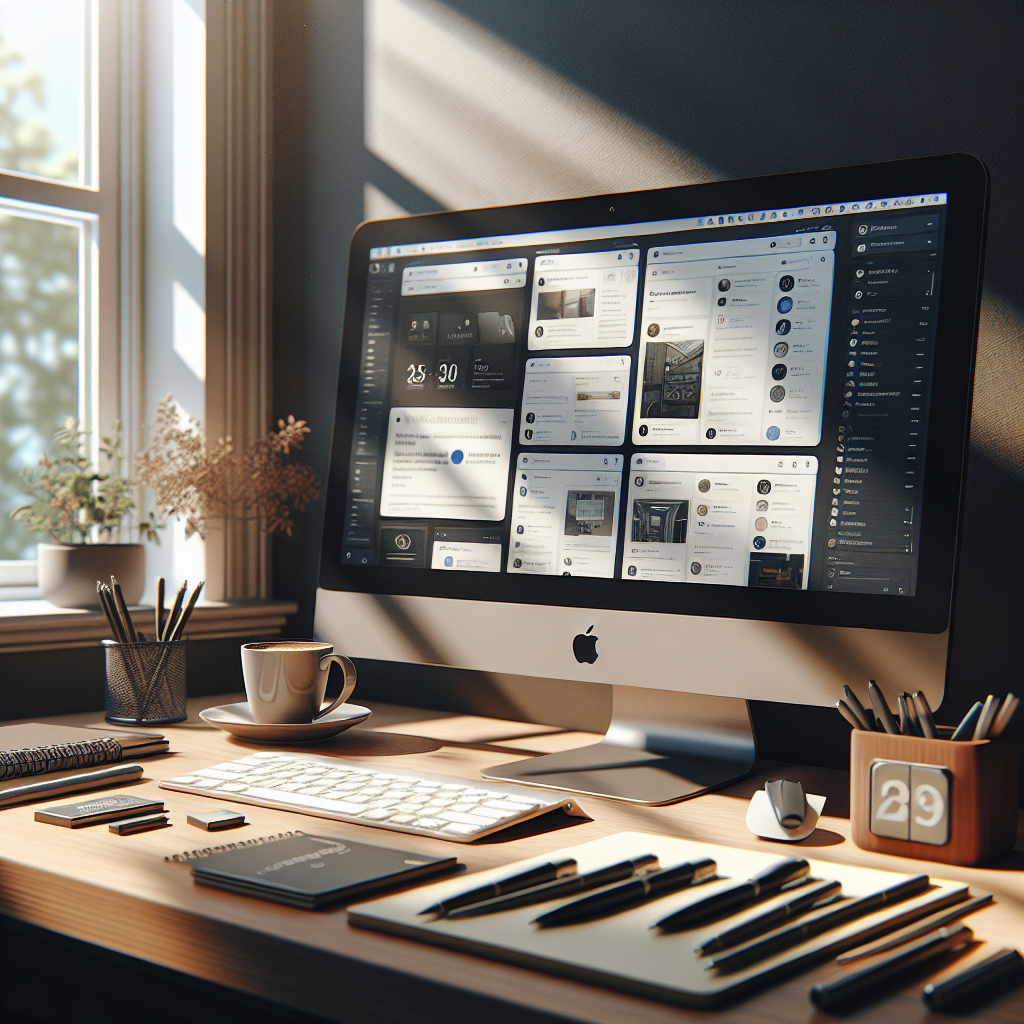 A realistic image of a school social media manager's organized workspace.