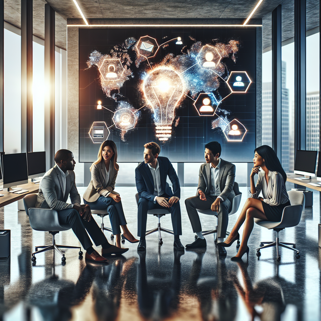 Professionals discussing social media management strategies in a modern office setting.