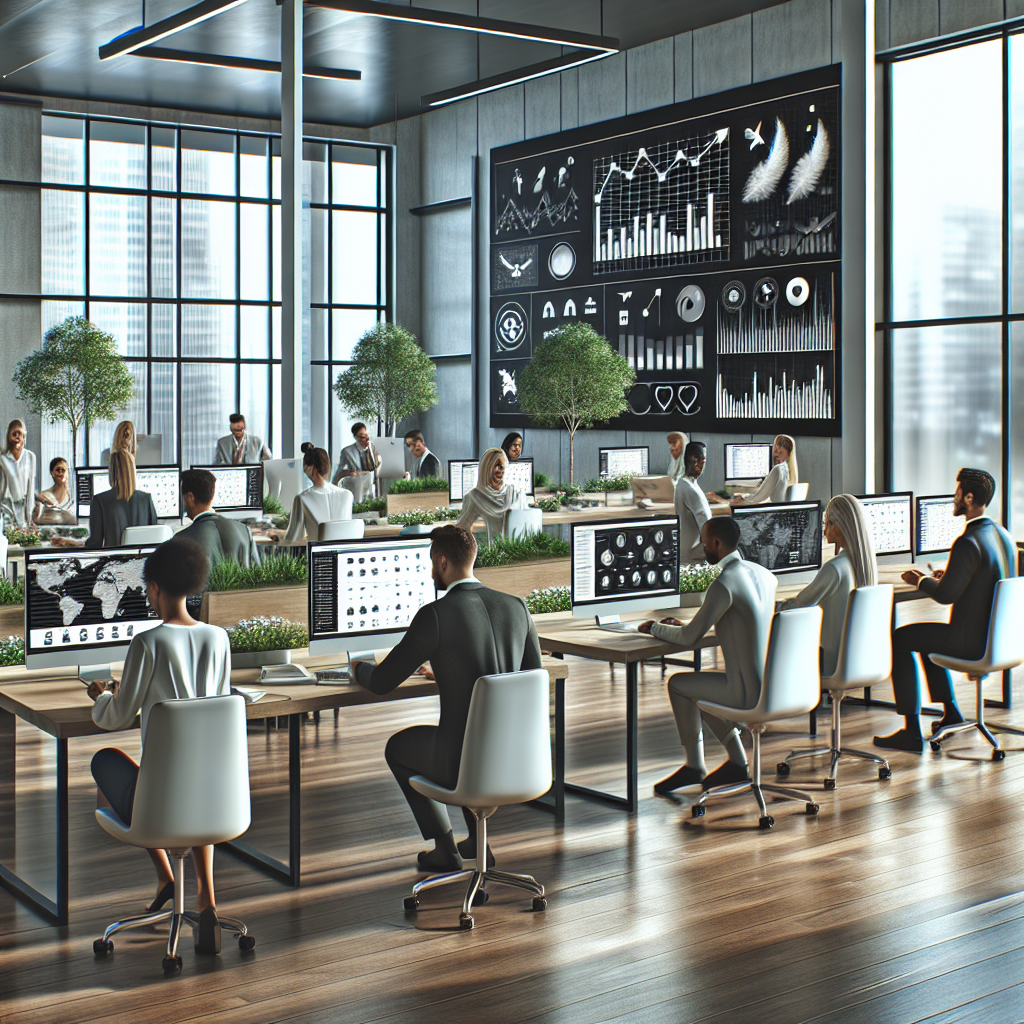 Office space where professionals manage social media, with computers and a modern setting.