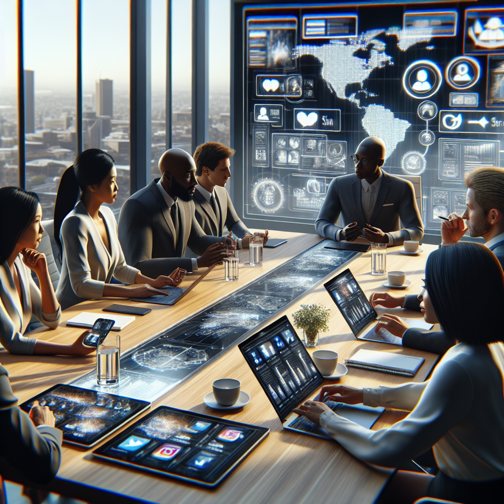 A diverse group of business professionals discussing social media strategies around a conference table.