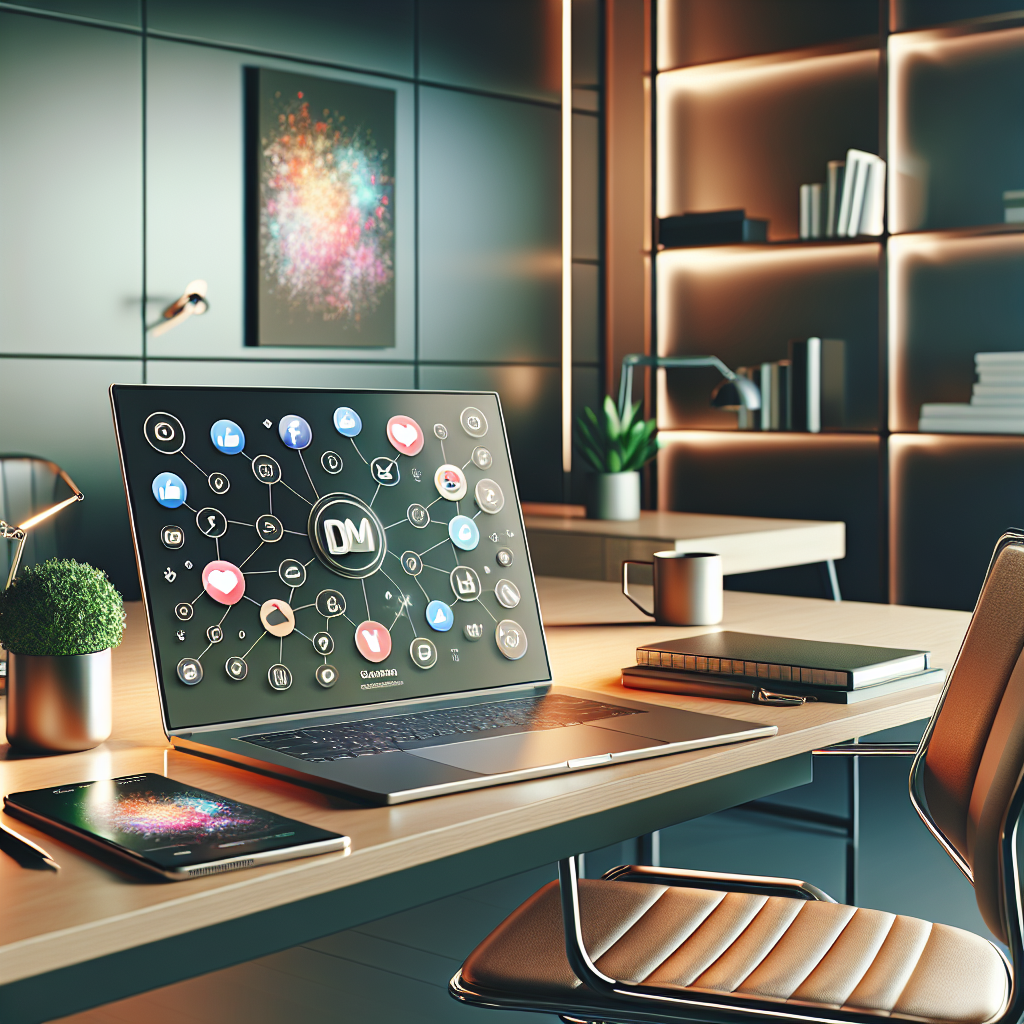 Modern office workspace setup for social media management with a laptop and smartphone.