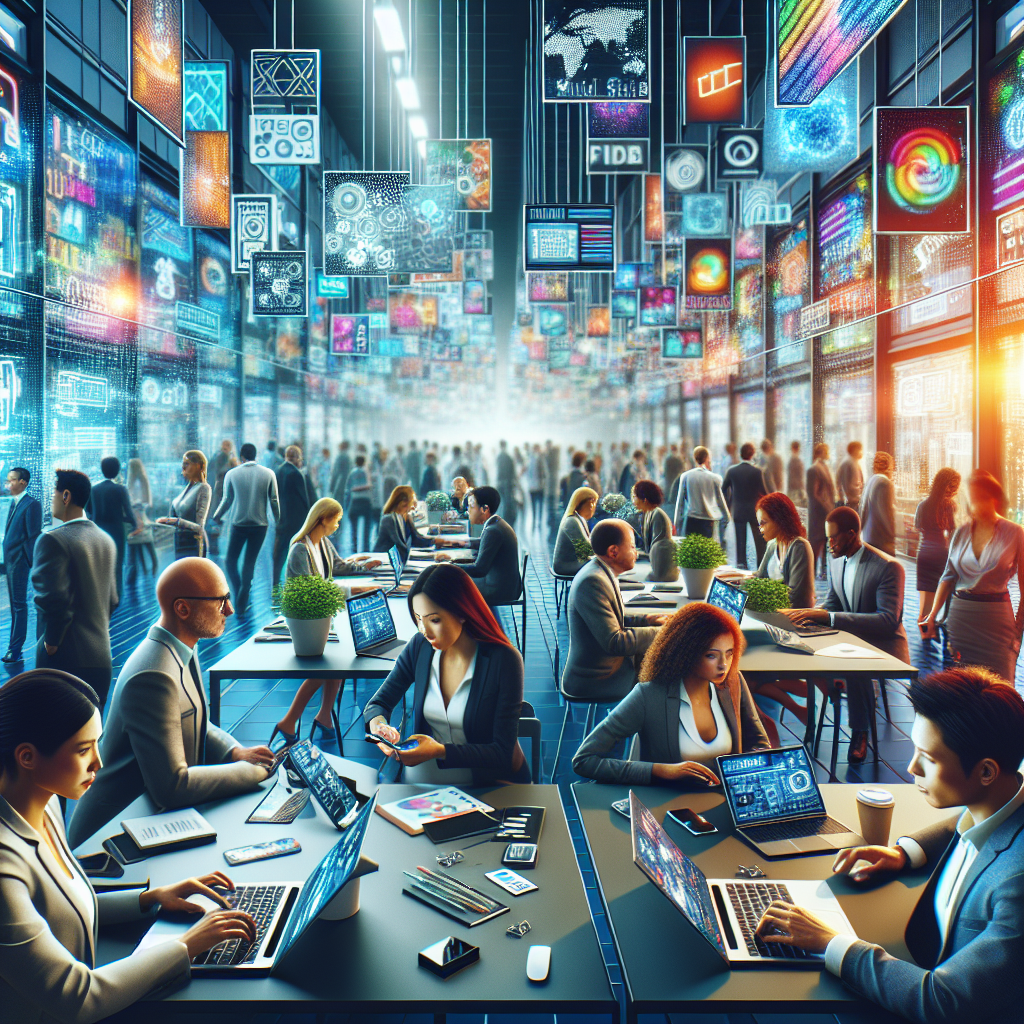 A digital marketplace scene with diverse professionals and technology.