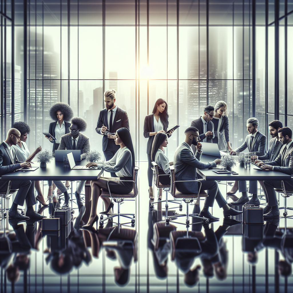 Professionals discuss advertising in a digital marketplace setting.