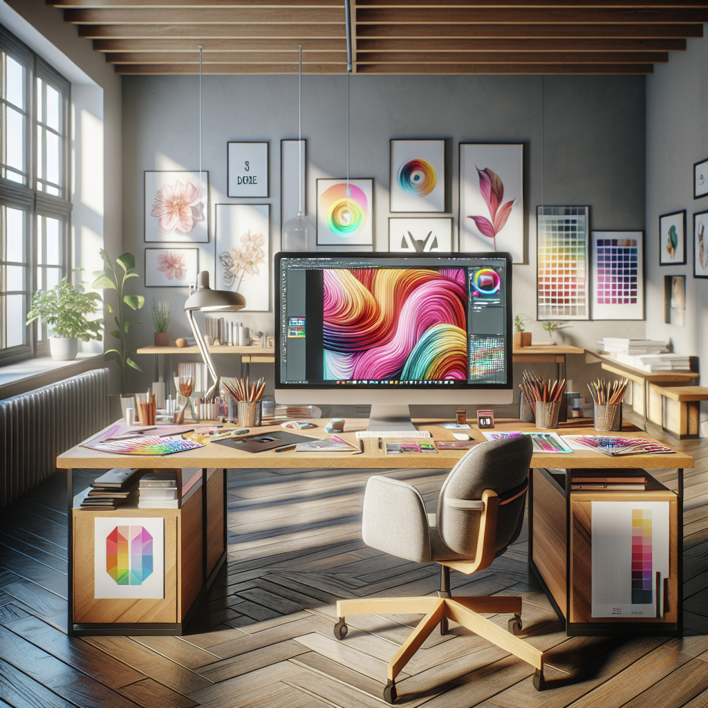Modern office scene with a designer's workspace, computer displaying colorful design, and graphic design tools on the desk.