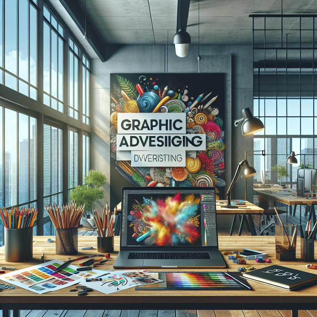 A realistic depiction of a graphic design workspace filled with sketches, a laptop displaying digital art, and art supplies, bathed in natural light.