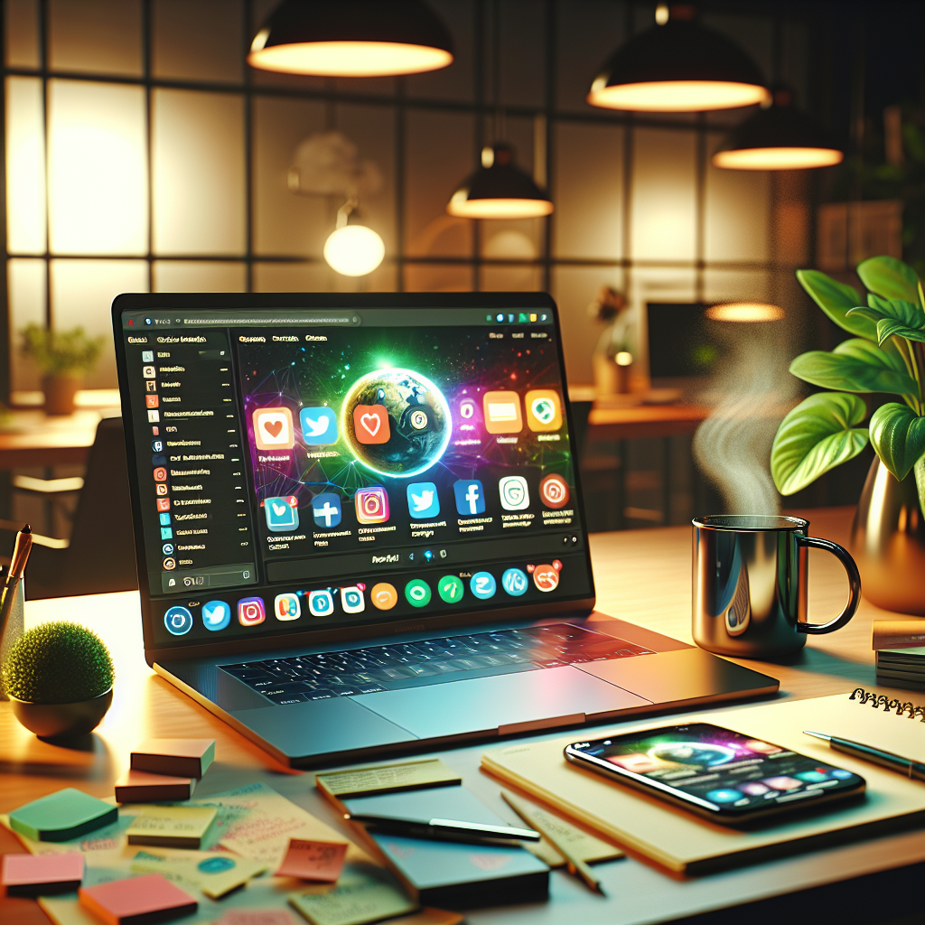 Modern social media manager's workspace with laptop and smartphone.