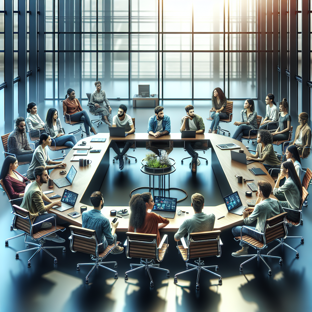 A diverse group of young professionals discussing social media strategies in a modern office.