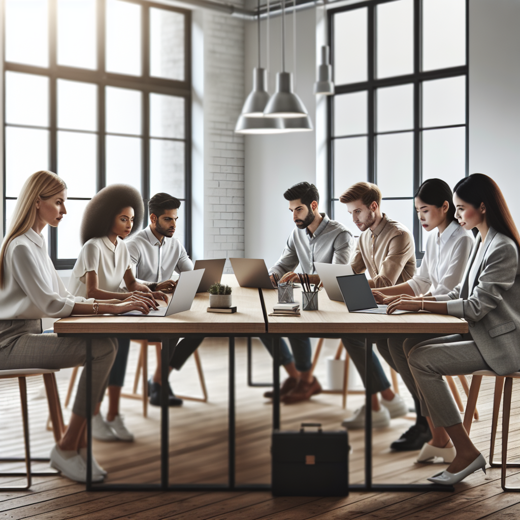 A diverse group of people collaborating in a modern office setting.