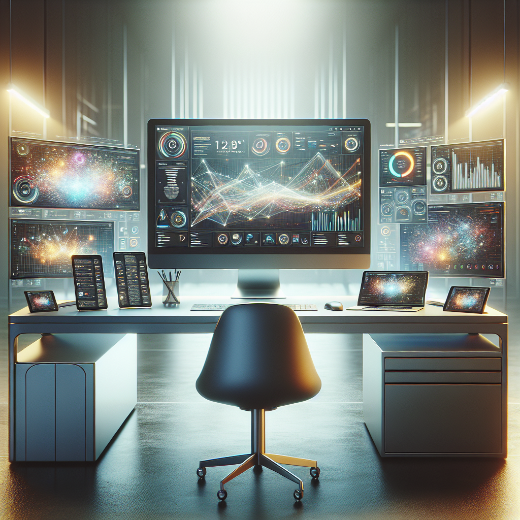 A modern social media workspace showcasing devices and analytics, symbolizing effective management.