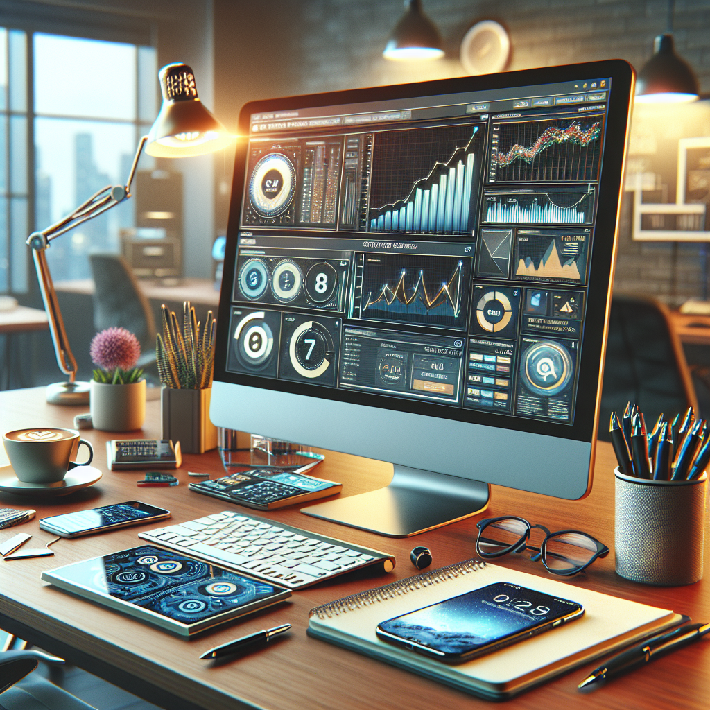 A realistic image of a social media management workspace with a computer showing analytics.