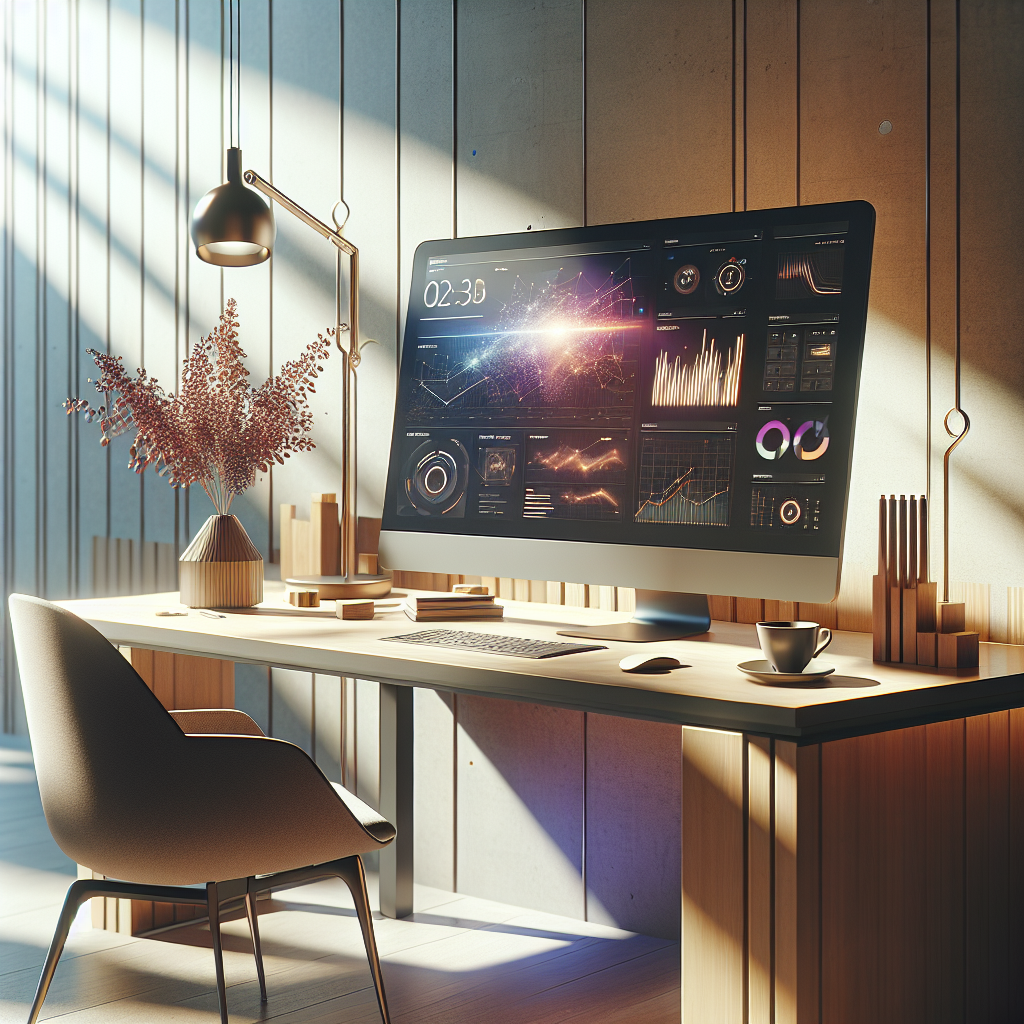Modern social media marketing workspace with computer and decor.