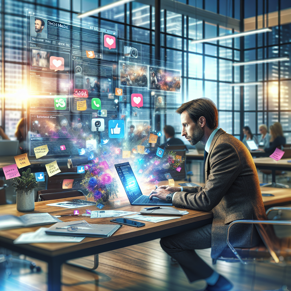 Office scene of a social media manager, focused at a laptop with social media icons displayed.