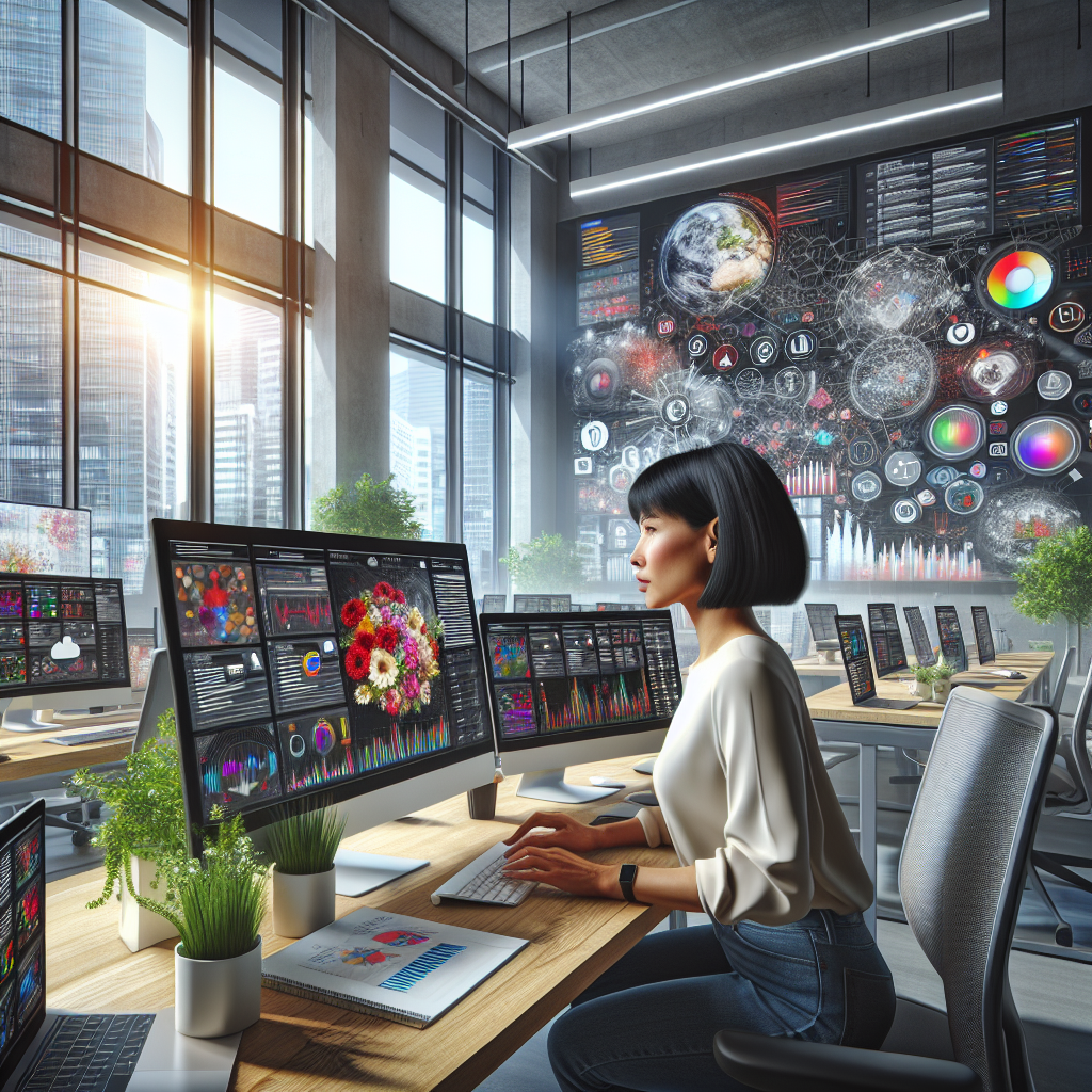 An Asian woman working as a social media manager in a modern, tech-infused office setting.
