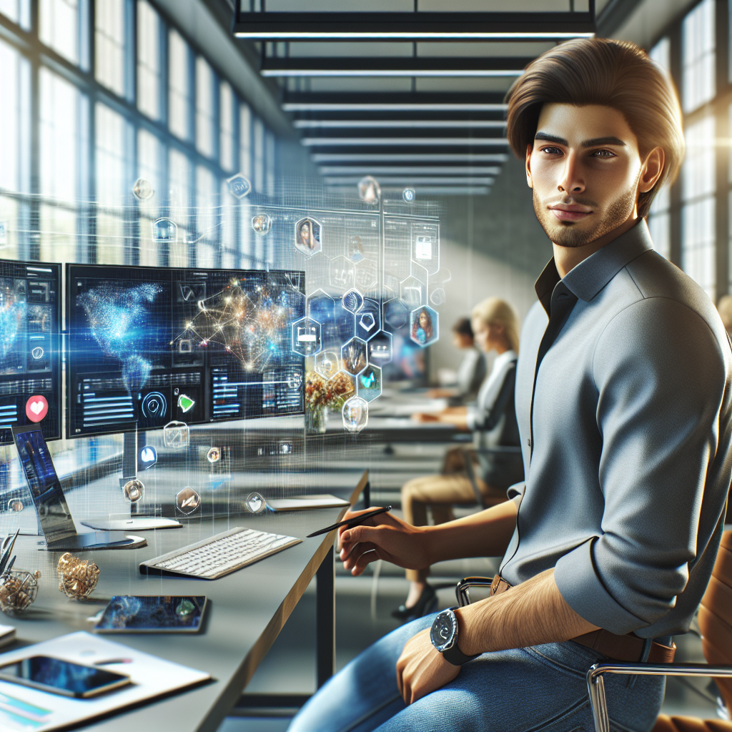 A social media manager in a modern office with multiple monitors and devices.