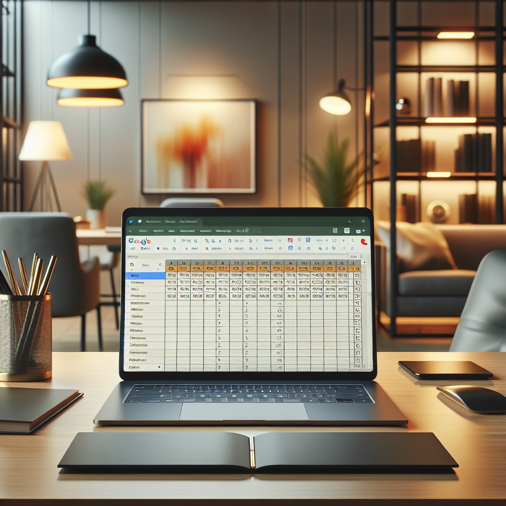 Office workspace with a computer displaying Google Sheets for social media management.