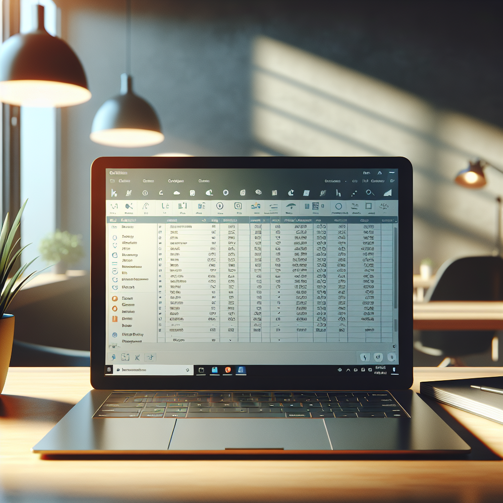 A digital workspace featuring a laptop with a Google Sheets template.